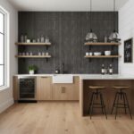 Black textured tile with matte finish in kitchen backsplash.