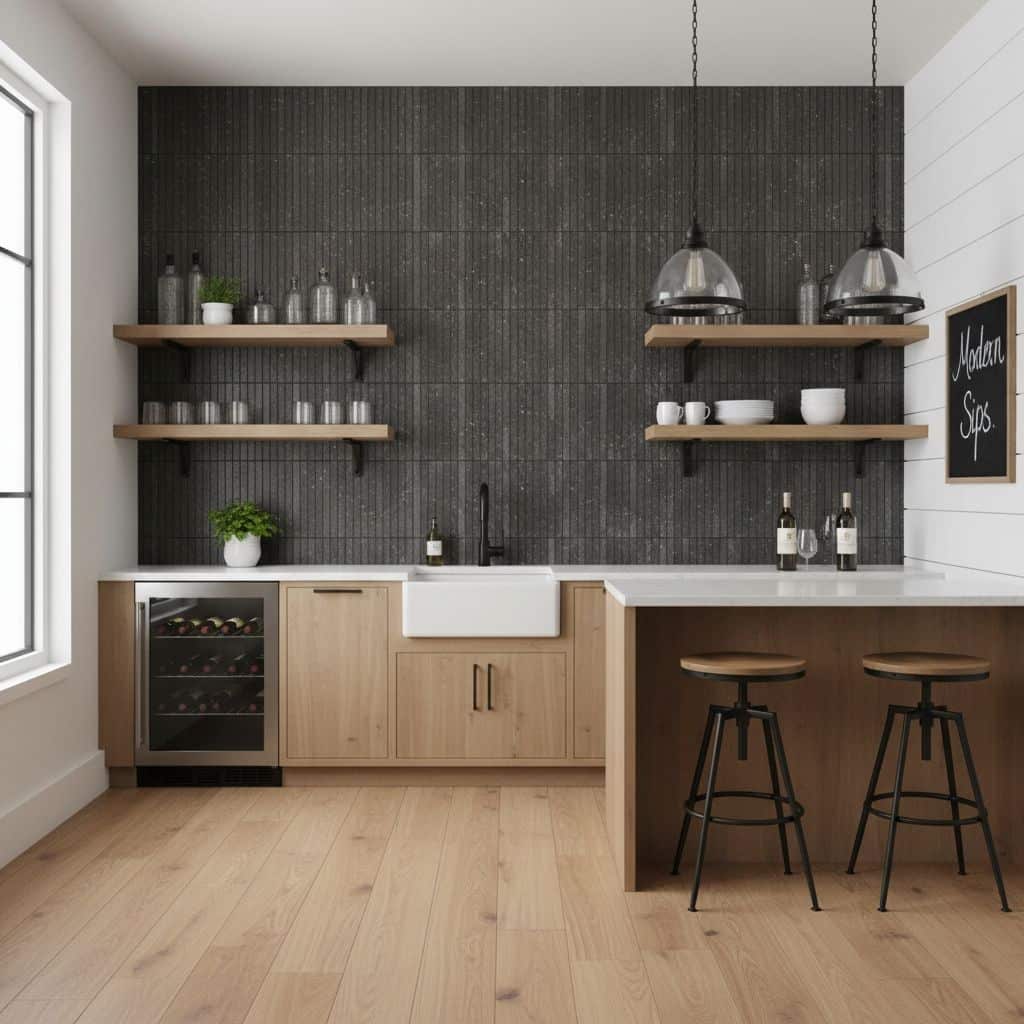 Black textured tile with matte finish in kitchen backsplash.