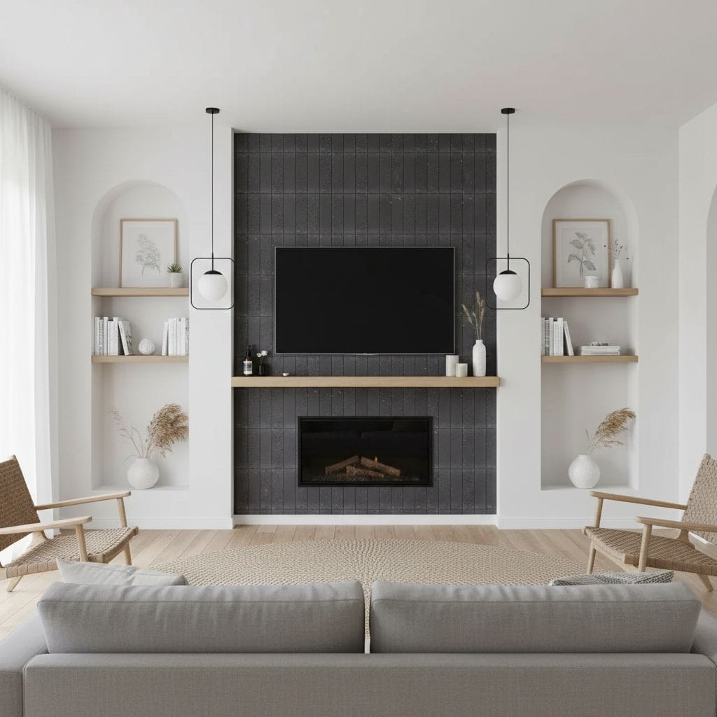 Black textured tile with matte finish, sleek surface, and subtle pattern.