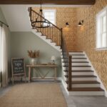 Warm-toned wooden stairs with white risers and black railing, textured brick accent wall, and soft natural light create invit.