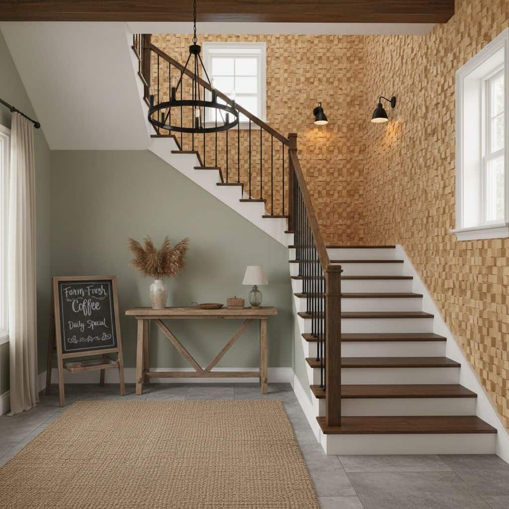 Warm-toned wooden stairs with white risers and black railing, textured brick accent wall, and soft natural light create invit.