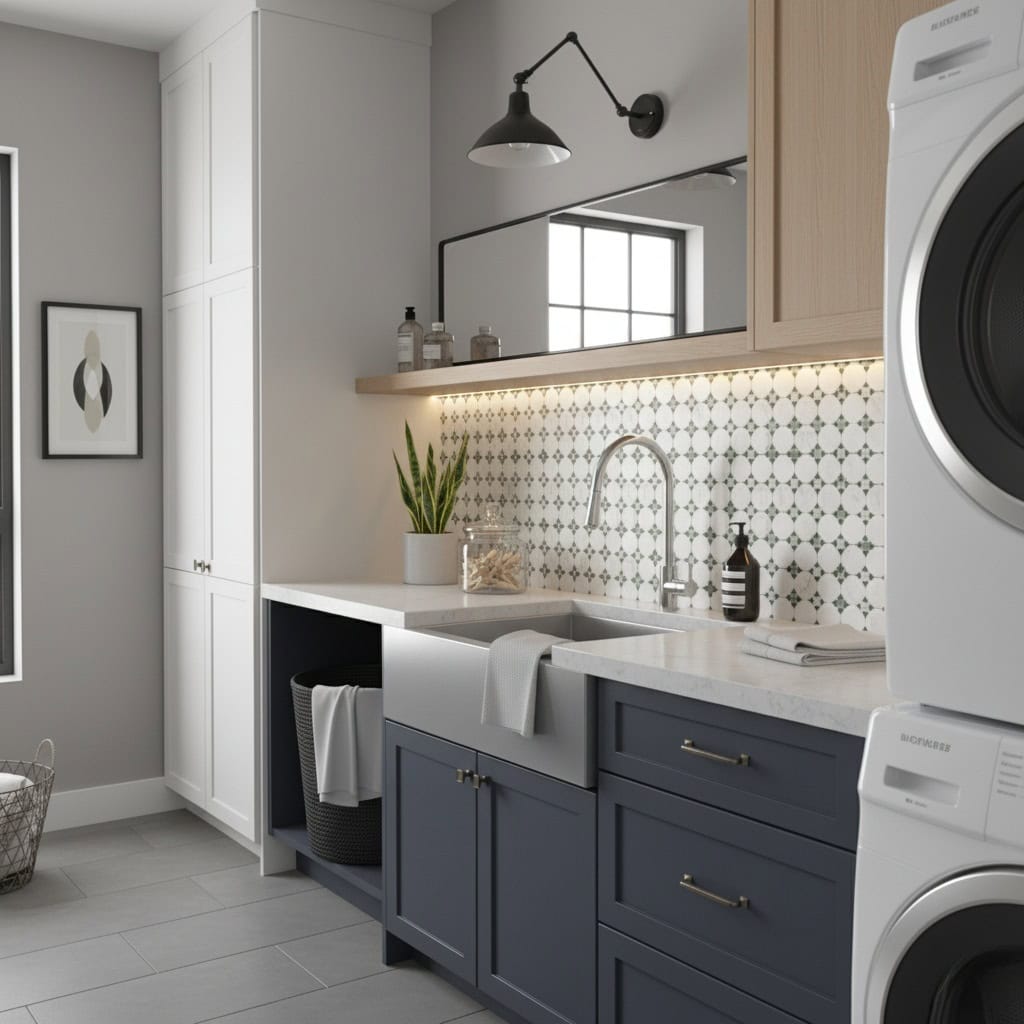 Bright laundry room featuring a white washing machine and dryer, with a sleek countertop and decorative backsplash tiles.