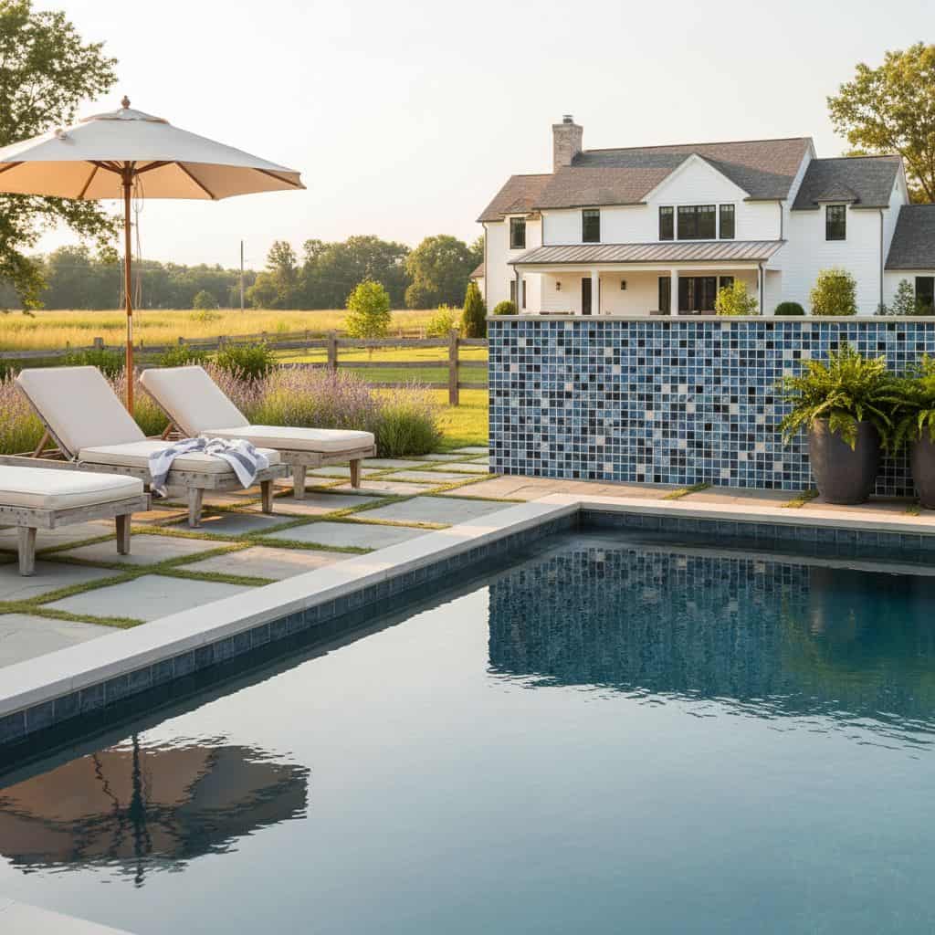 Poolside area featuring a glass mosaic tile wall, pool, and outdoor lounge chairs with umbrella.