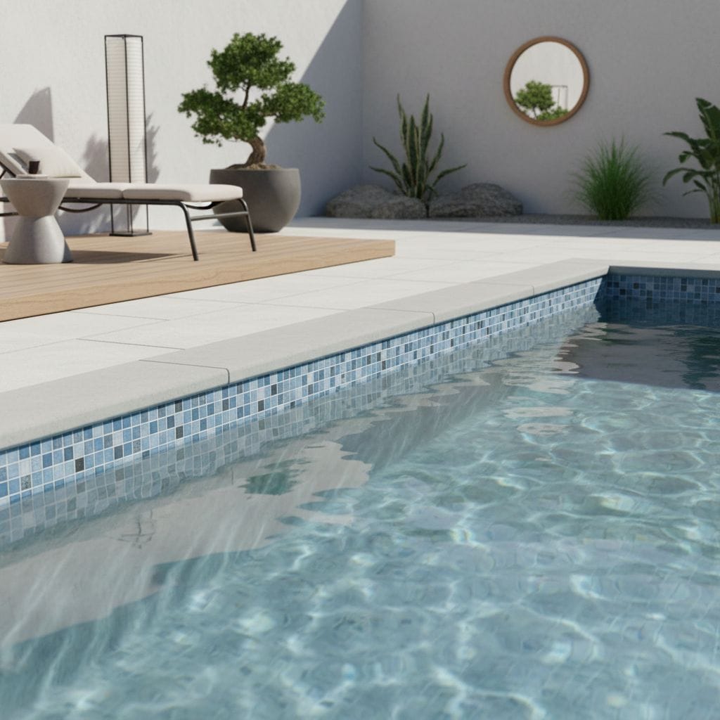Glass tile pool border with mosaic design and outdoor decor, including potted plants and a mirror, creating a modern poolside.