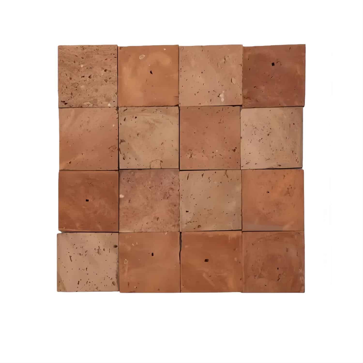 Terracotta tile with warm, earthy tones and a matte, slightly rough surface. Perfect for rustic or Mediterranean-style home d.