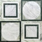 Marble tile featuring a green and white pattern with a smooth, polished texture and geometric design.