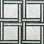 White marble with green marble accents, textured surface, geometric design.