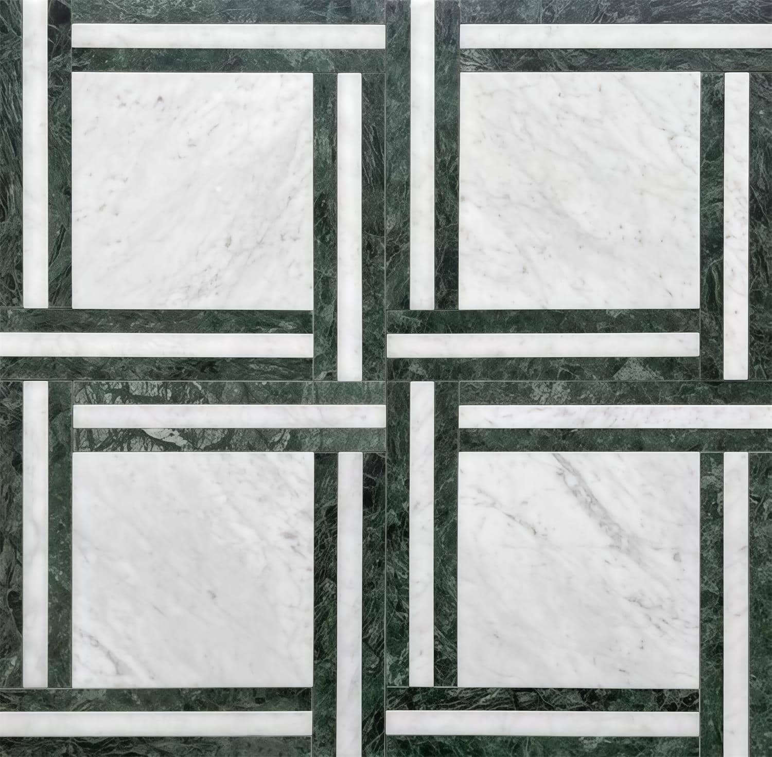 White marble with green marble accents, textured surface, geometric design.