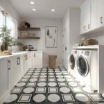 Black and white geometric patterned floor tiles with matte finish, in a modern laundry room setting.