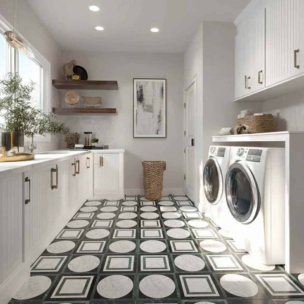 Black and white geometric patterned floor tiles with matte finish, in a modern laundry room setting.