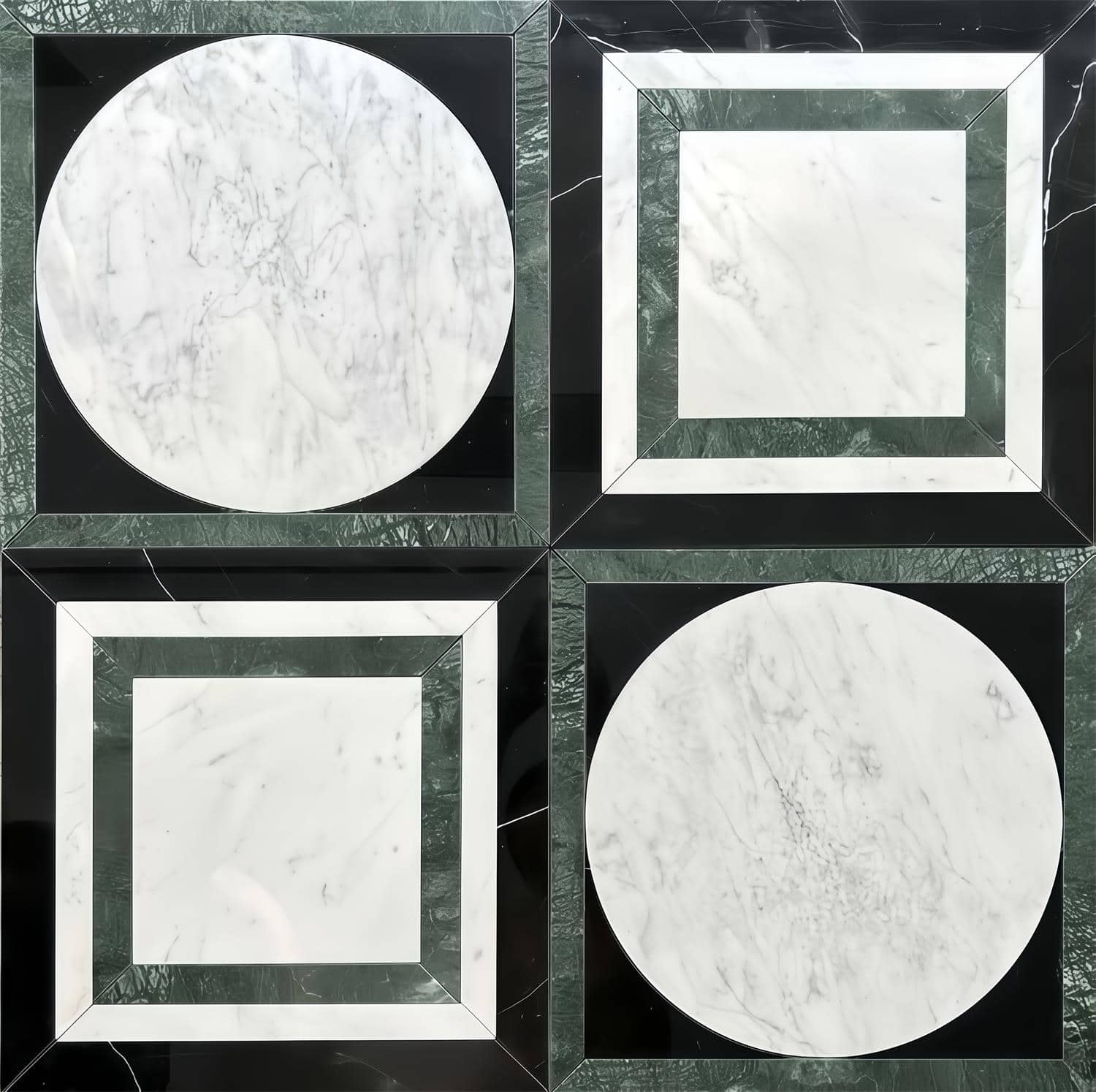 White marble tiles with black and green accents, featuring circular and square designs.