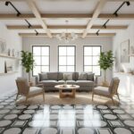 Bright living room featuring a gray sofa, wooden chairs, and patterned black and white floor tiles, with large windows and mi.