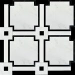 White marble tile with black geometric border, smooth texture, and modern design.