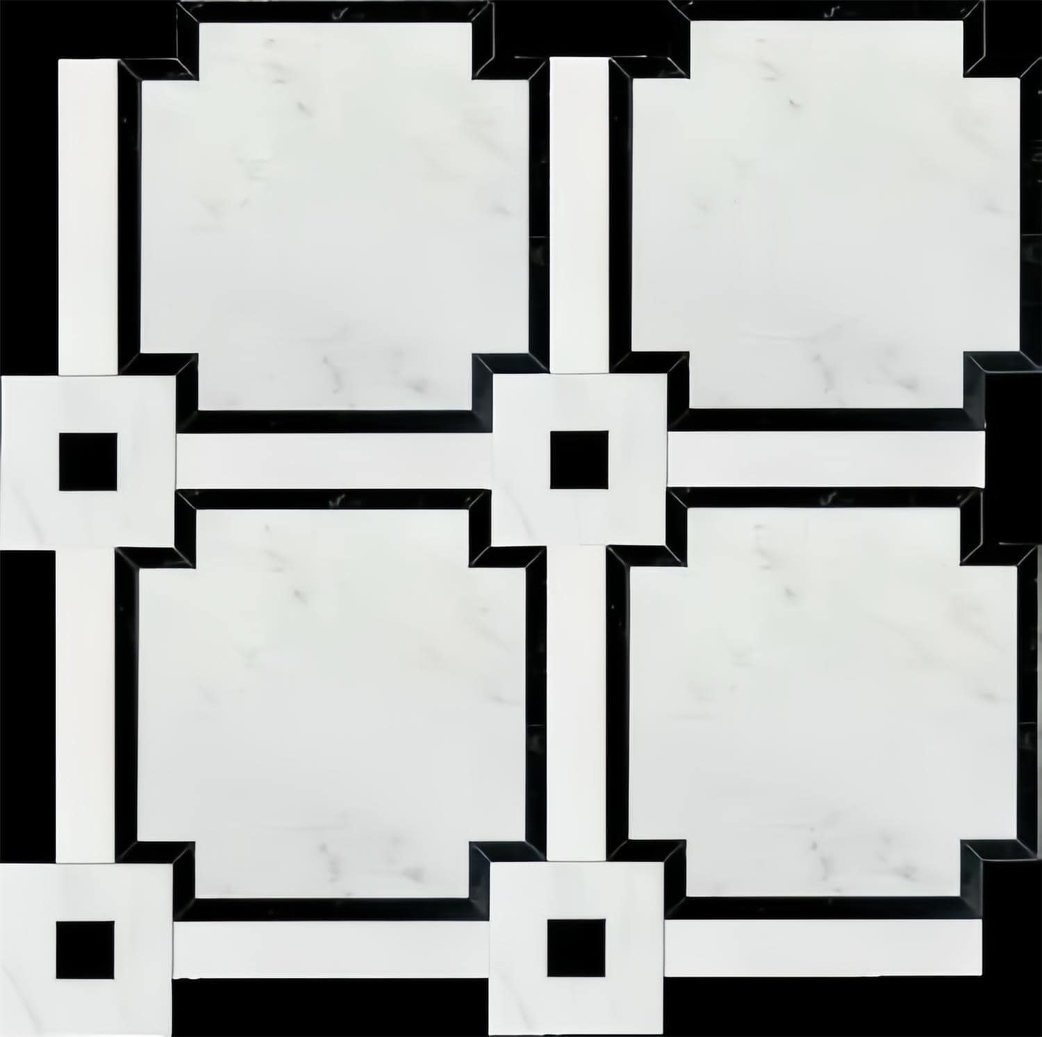 White marble tile with black geometric border, smooth texture, and modern design.