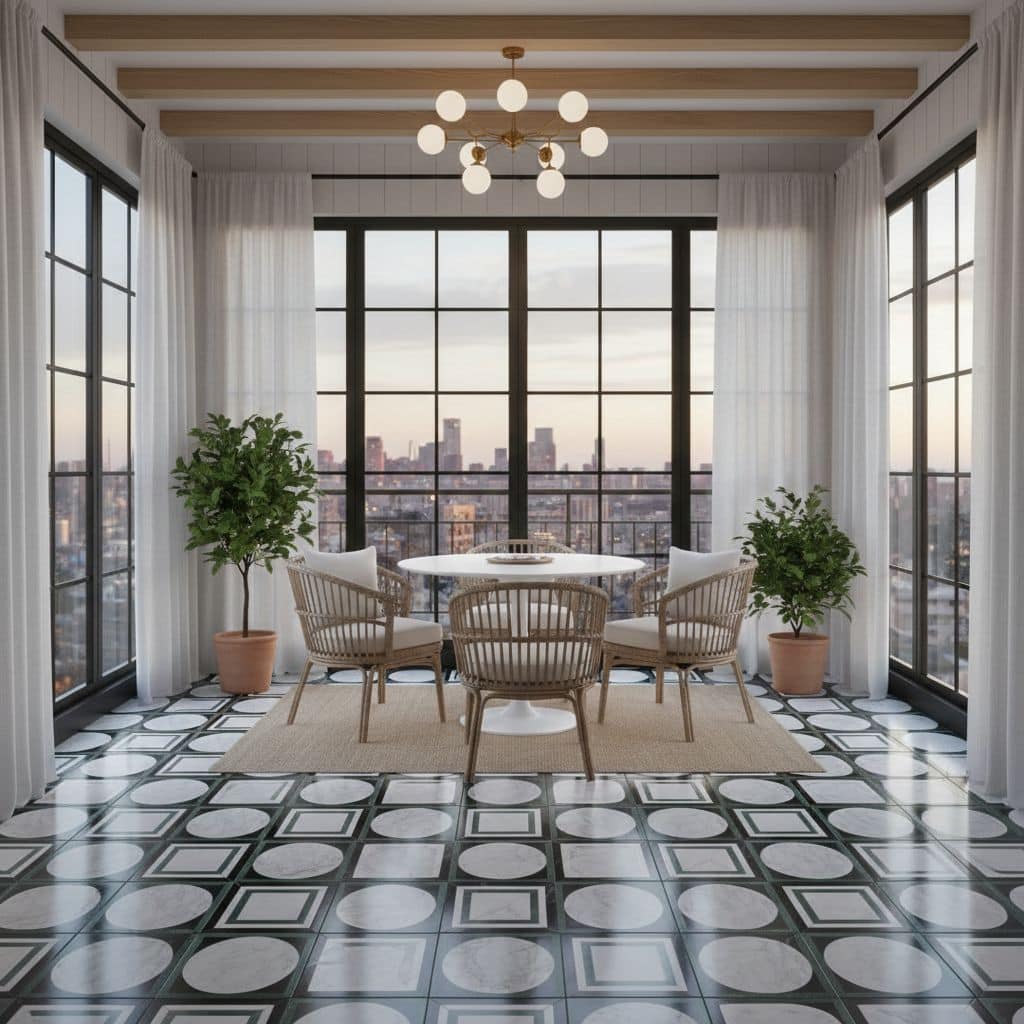 Bright, airy room with large glass windows, white curtains, and a round dining table with chairs. Features a black and white.