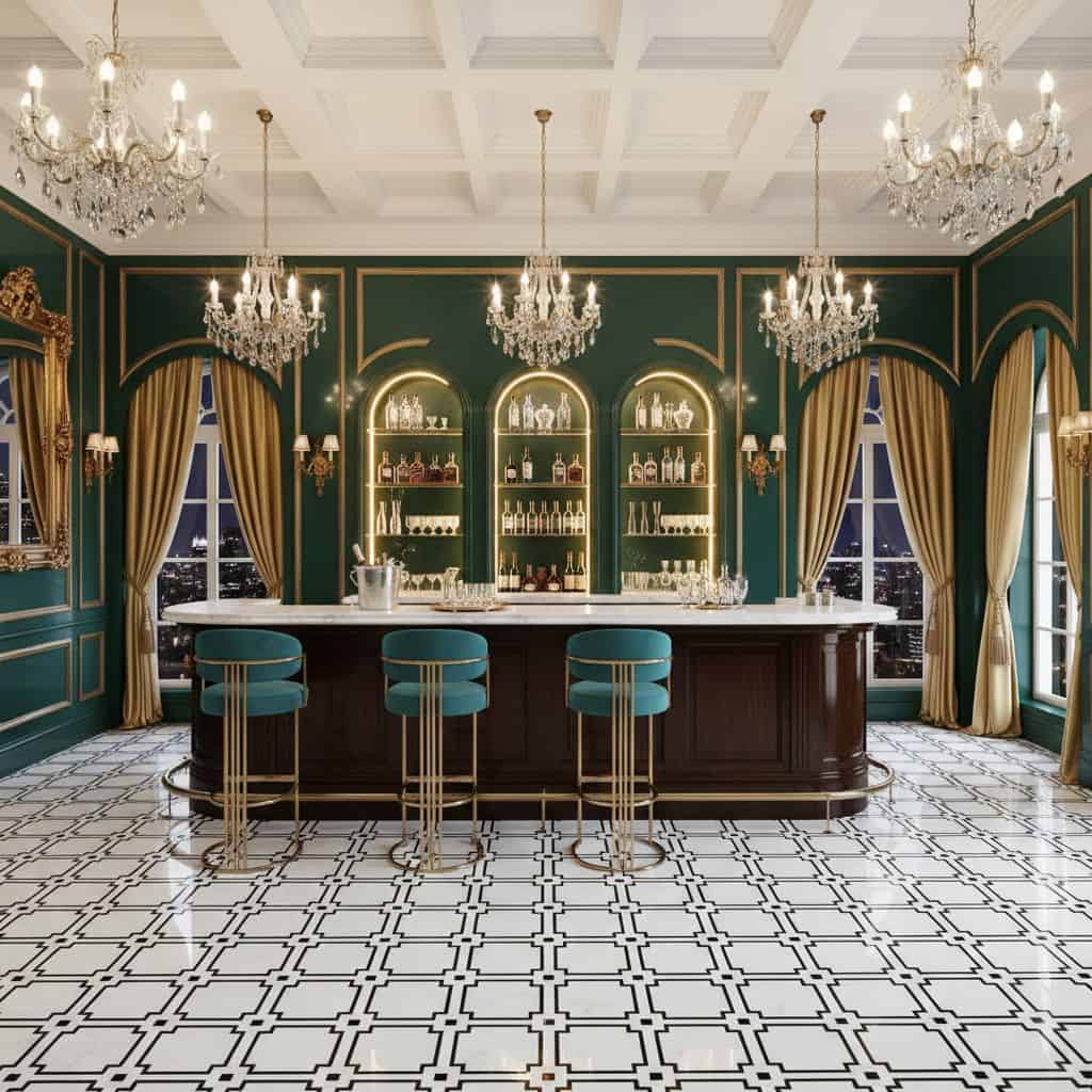 Elegant green and gold bar with marble countertop and ornate decor.