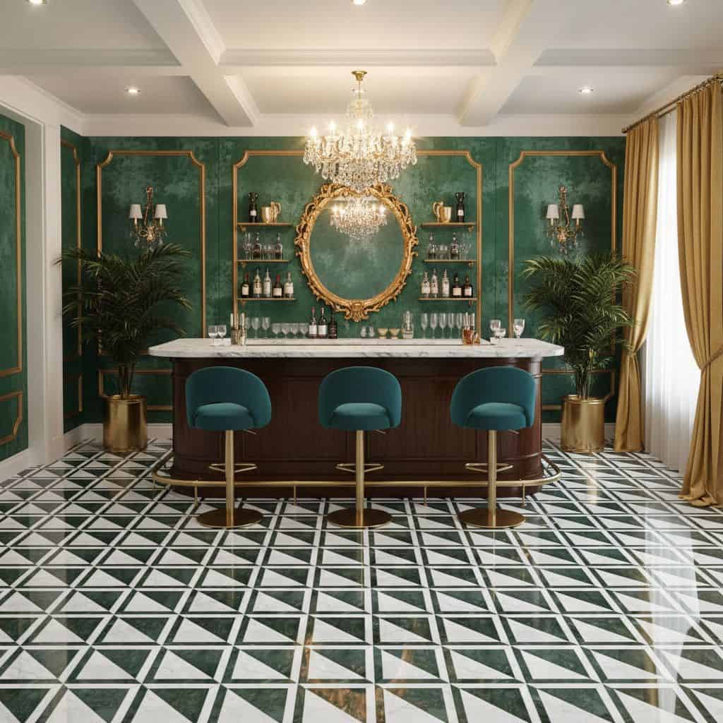 Elegant green marble tiles with gold accents and a sophisticated bar setup.