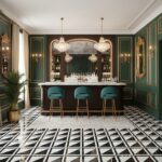 Elegant green wall panels with gold accents and a marble bar counter, complemented by chandeliers and black-and-white geometr.