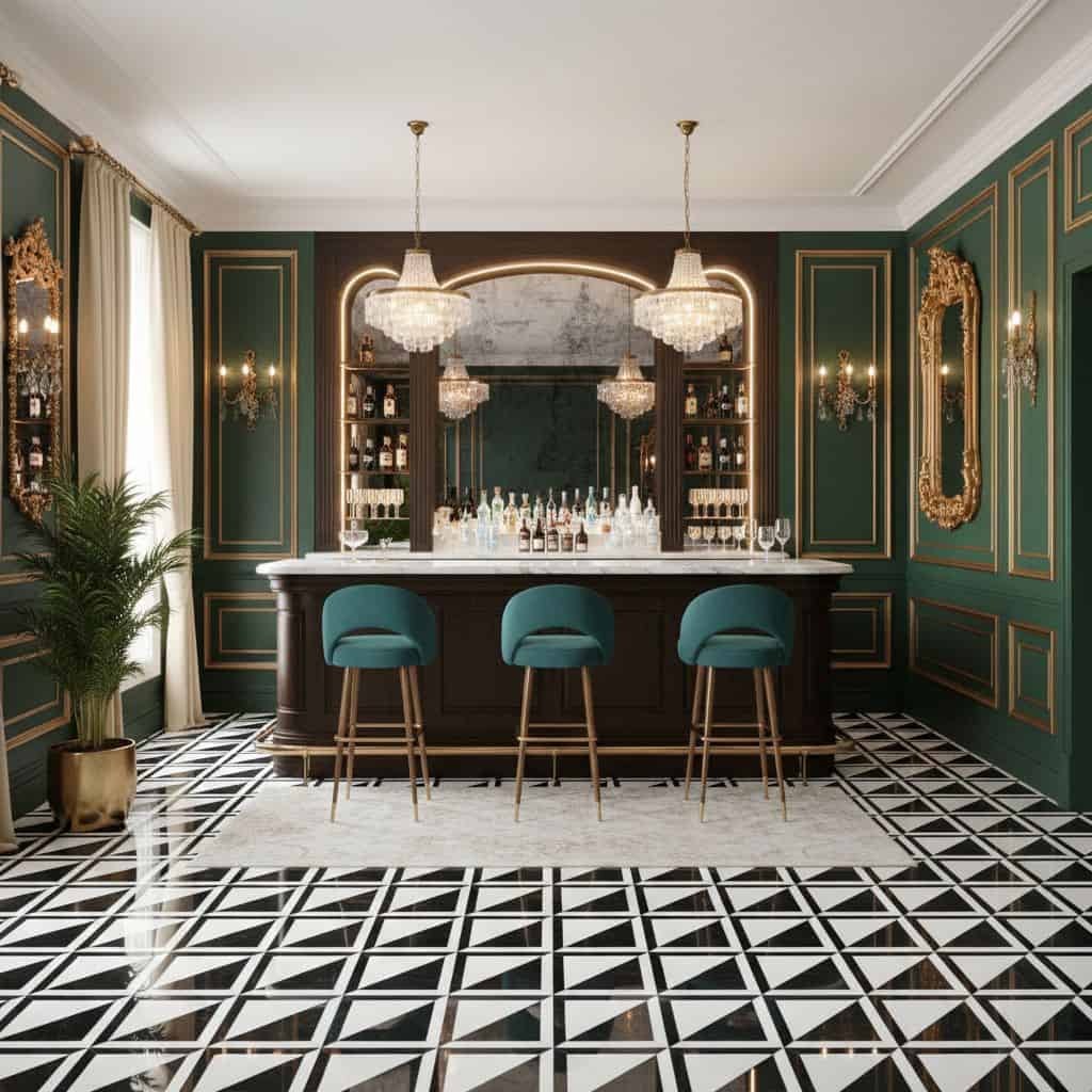 Elegant green wall panels with gold accents and a marble bar counter, complemented by chandeliers and black-and-white geometr.