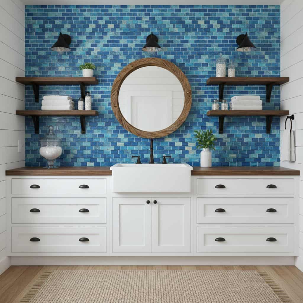 Bright blue peel and stick tile backsplash in a modern bathroom. Easy to install and perfect for updating your space with min.