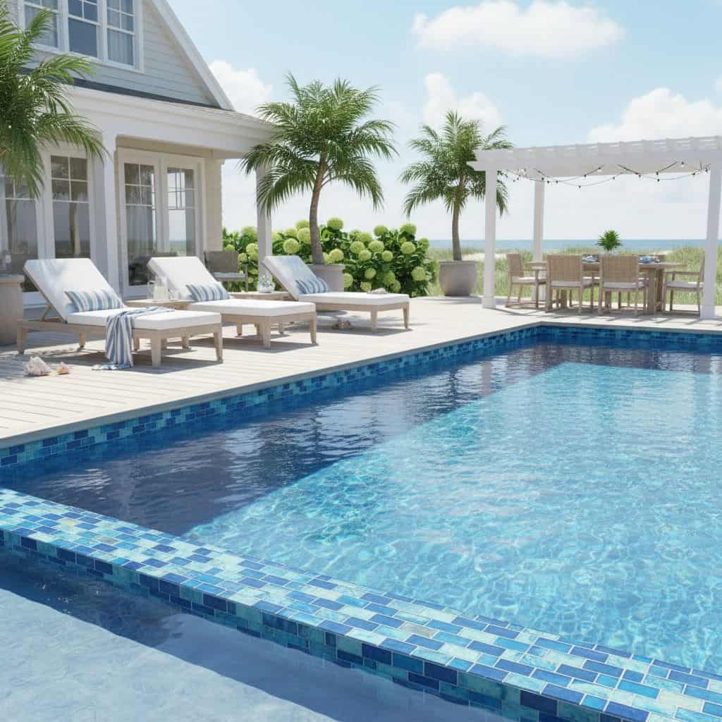 A luxurious backyard featuring a swimming pool, lounge chairs, and tropical landscaping.
