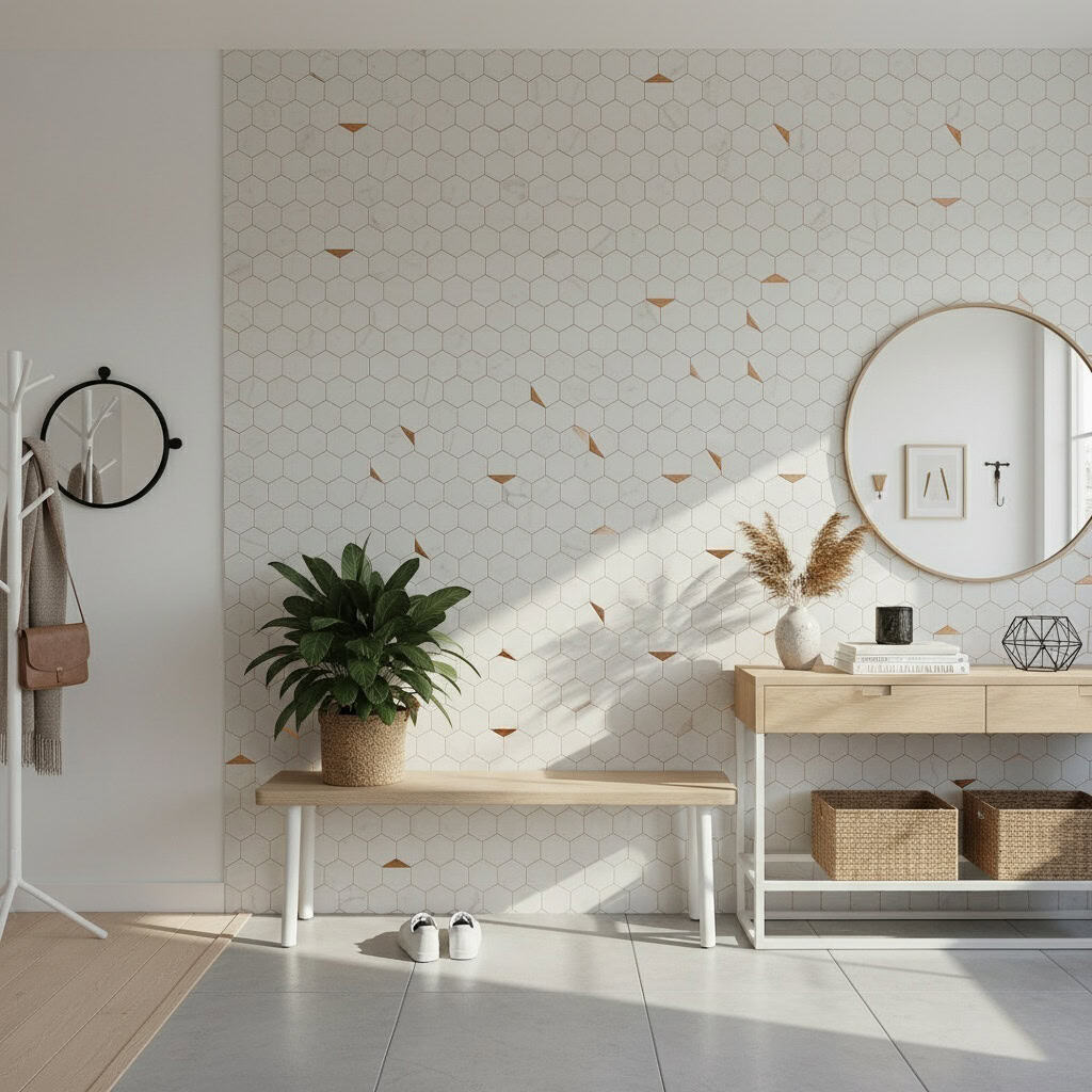 Hexagon tile wall featuring white and copper-colored accents, smooth texture, and contemporary design.