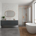 White hexagon tiles with subtle gold accents, textured surface, and sleek design.