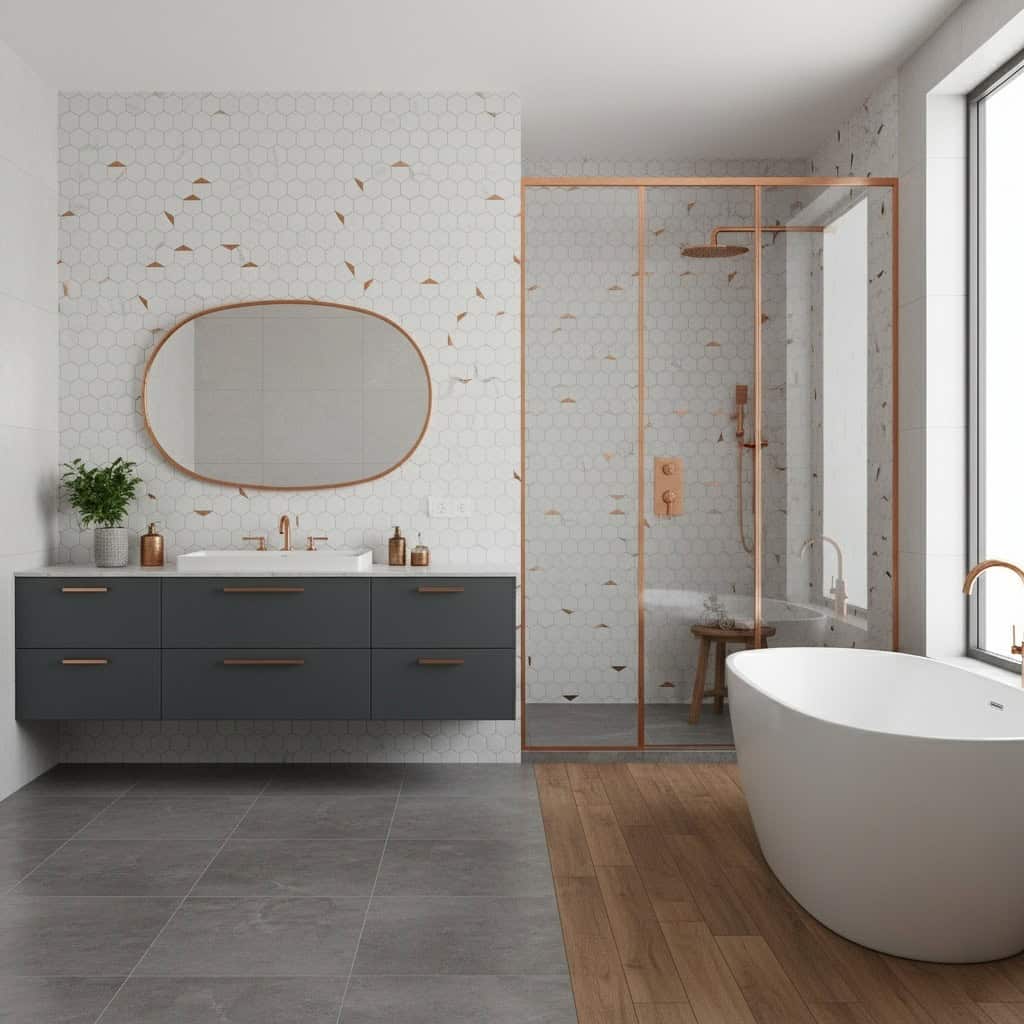 White hexagon tiles with subtle gold accents, textured surface, and sleek design.