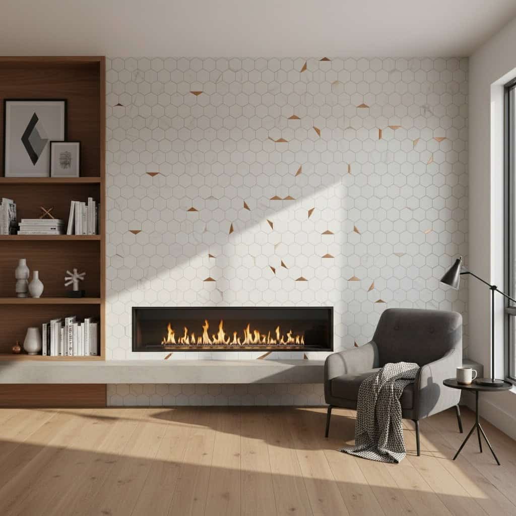 White hexagon tile with copper accents, textured surface, and modern aesthetic.