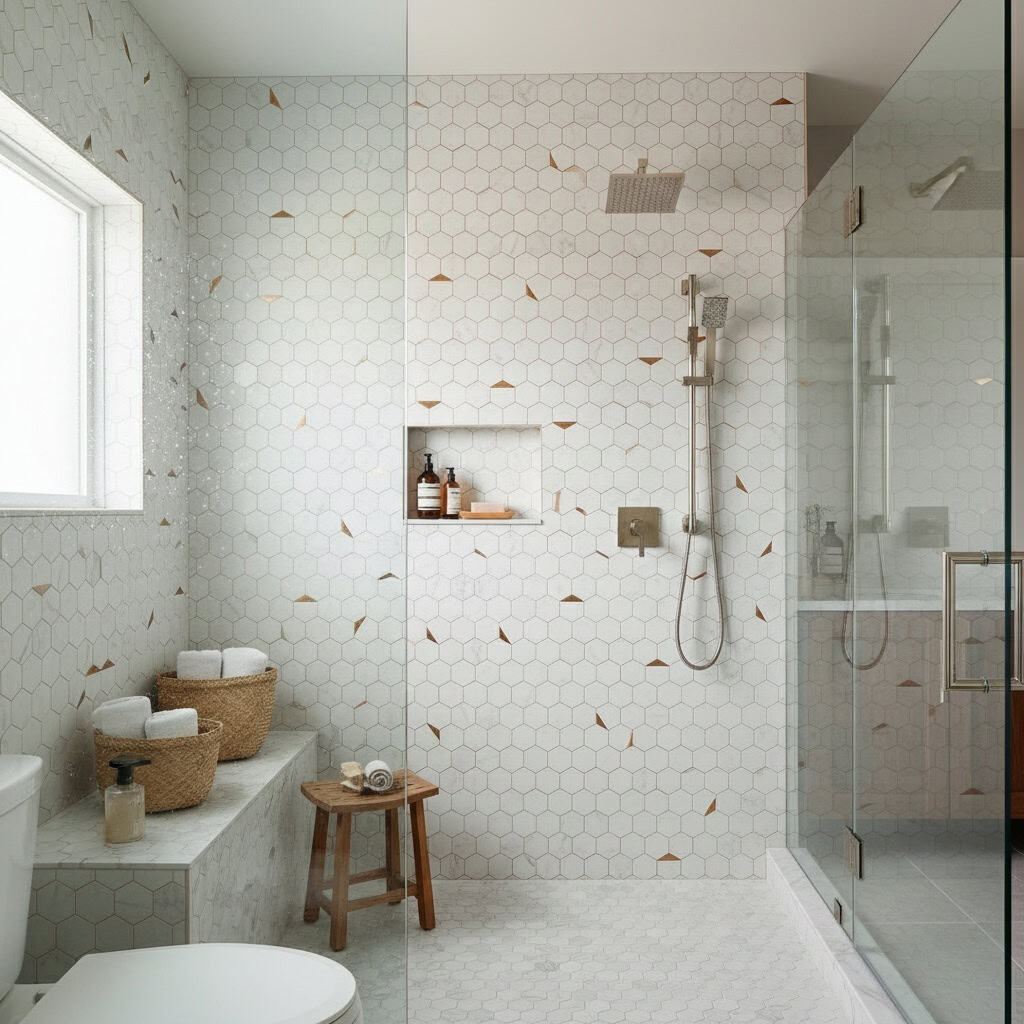 White hexagon tiles with gold accents, matte finish, in a contemporary bathroom setting.