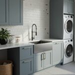 Light gray hexagon tiles with copper accents create a modern, textured kitchen backsplash. The tiles add a subtle metallic sh.