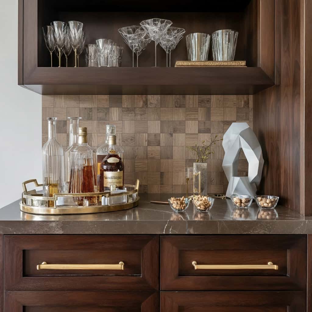 Stylish kitchen with peel and stick tile backsplash, glassware, and decorative items on dark wood cabinetry.
