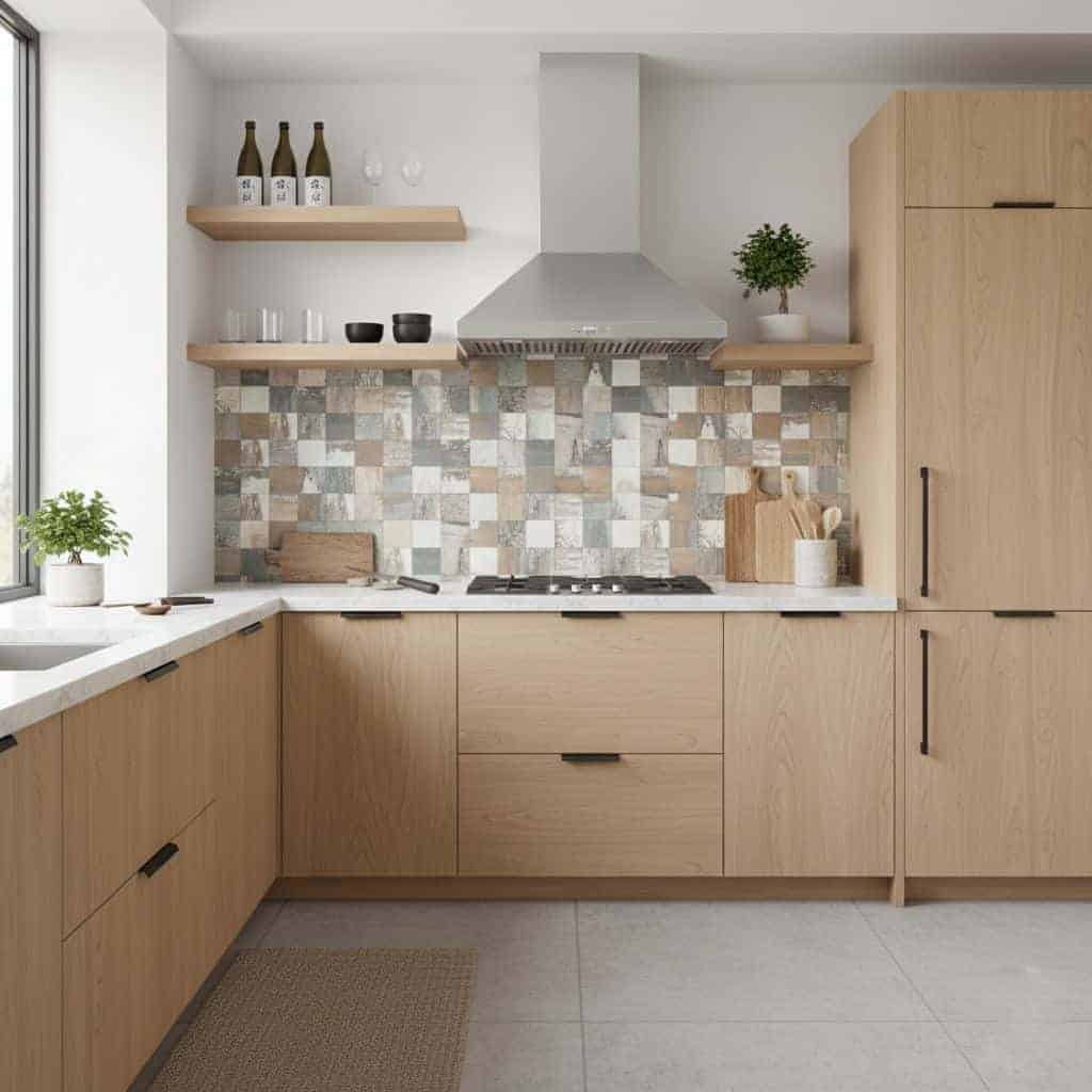 Bright kitchen with peel and stick tile backsplash and wooden cabinets.