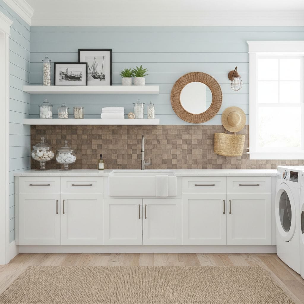 Bright kitchen with peel and stick wall tile backsplash and white cabinetry.