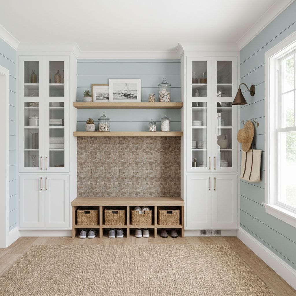 An image of a stylish kitchen with peel and stick tile backsplash and wall tiles, featuring white cabinetry and natural decor.