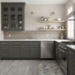 Bright modern kitchen with peel and stick tile backsplash and dark cabinetry.