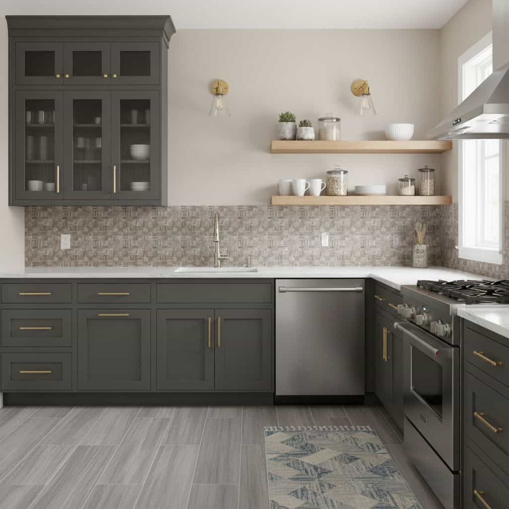 Bright modern kitchen with peel and stick tile backsplash and dark cabinetry.