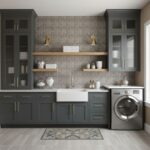 Image of a modern kitchen with peel and stick tile backsplash, gray cabinets, open shelves, and a washing machine.