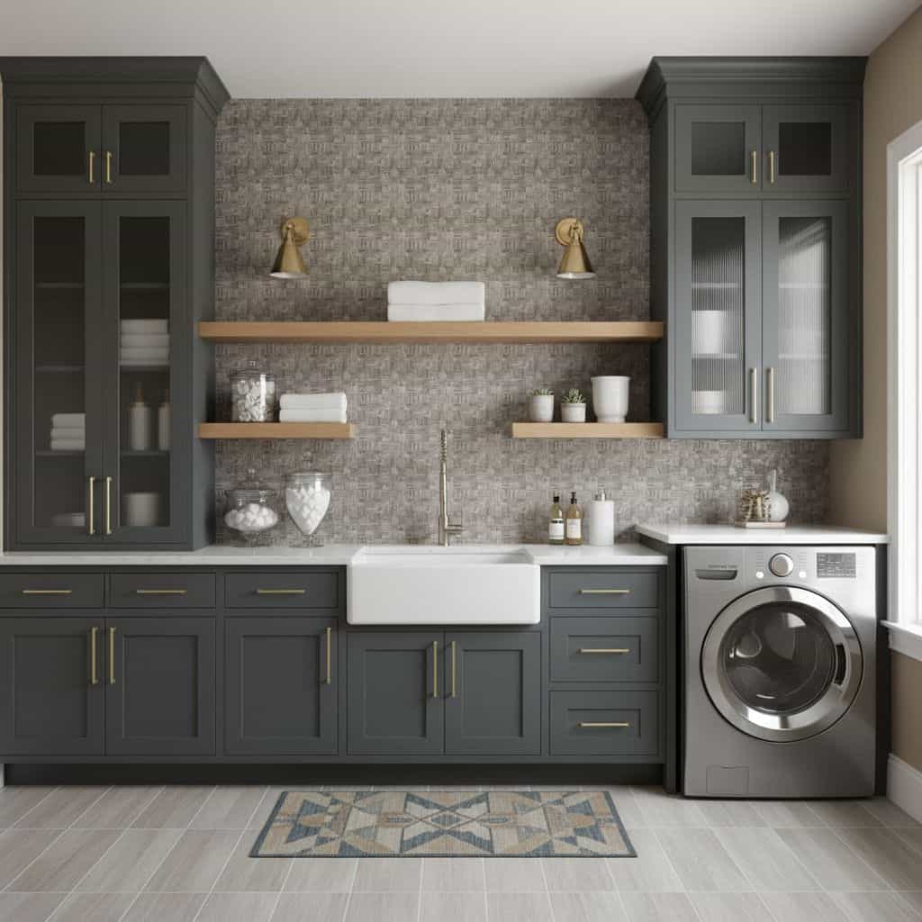 Image of a modern kitchen with peel and stick tile backsplash, gray cabinets, open shelves, and a washing machine.