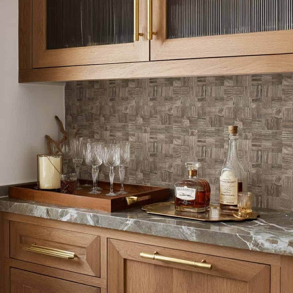Stylish peel and stick tile backsplash in a modern kitchen with wooden cabinets and marble countertop.