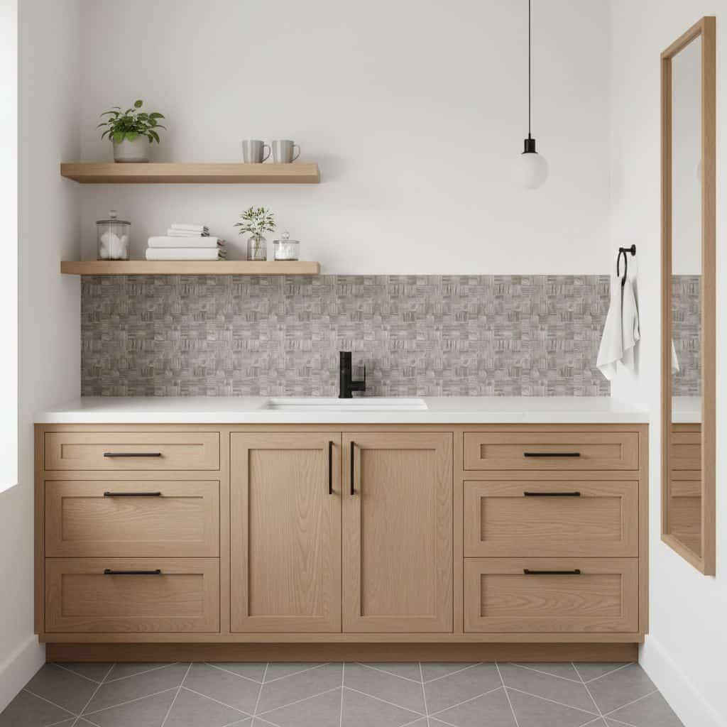 Modern kitchen with peel and stick tile backsplash, wooden cabinets, and minimal decor.