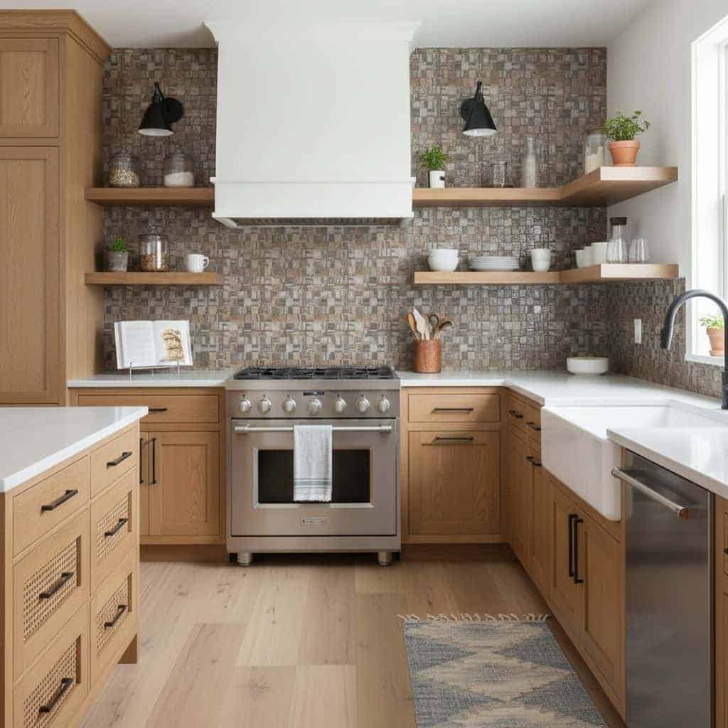 Image of a modern kitchen with peel and stick tile backsplash, wooden cabinets, and stainless steel appliances.