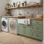 Image of a kitchen with peel and stick tile backsplash, green cabinetry, and decorative plants.