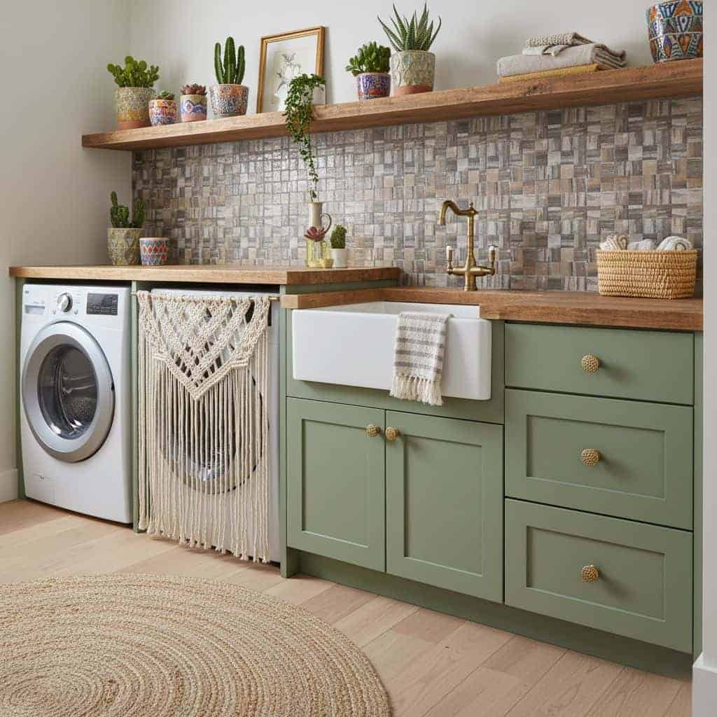 Image of a kitchen with peel and stick tile backsplash, green cabinetry, and decorative plants.