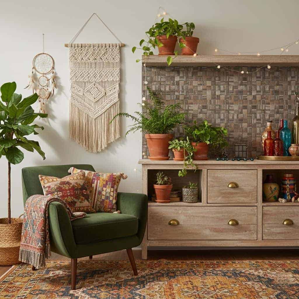 Cozy living room with peel and stick tile backsplash, green armchair, and boho decor.