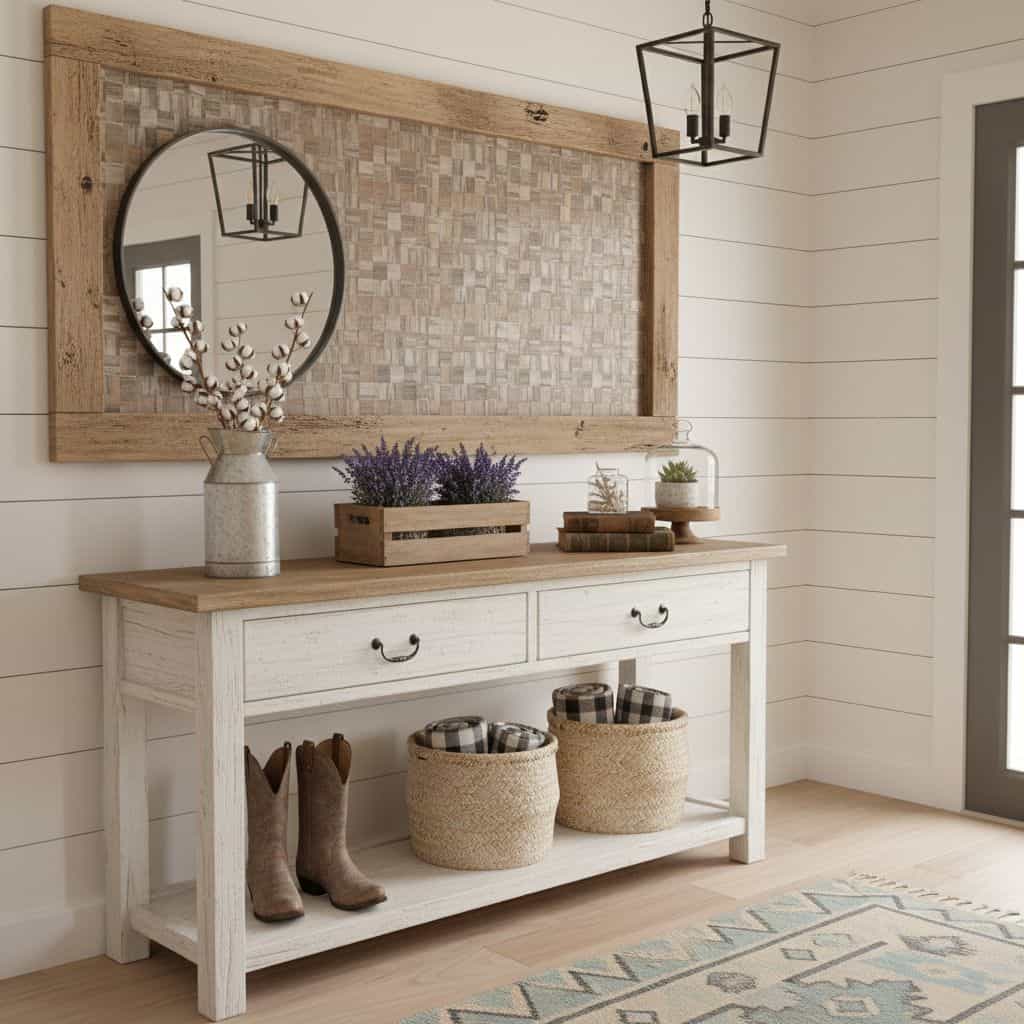 A cozy entryway with peel and stick tile backsplash, a mirror, and decorative accents. Perfect for modern home updates and ea.
