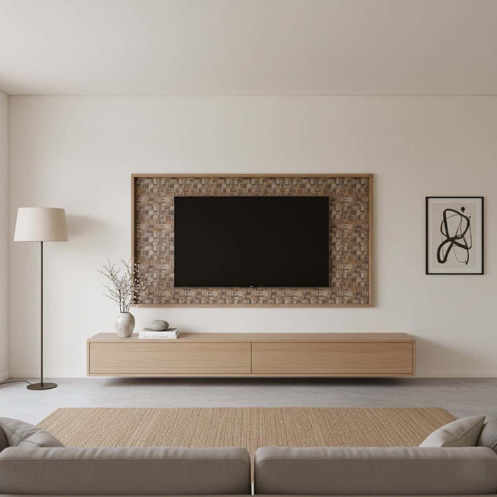 Modern living room with peel and stick wall tile behind TV, minimalist decor, and neutral tones.