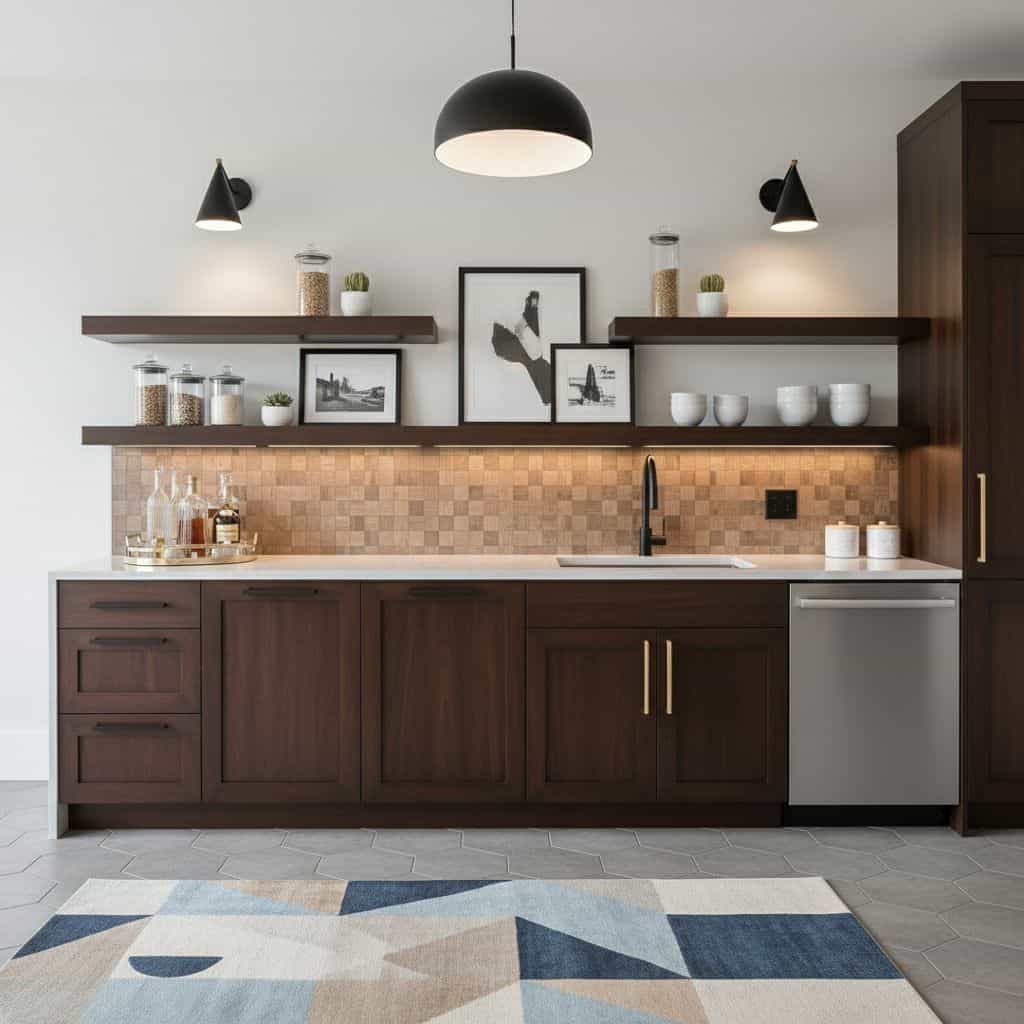 Bright modern kitchen with peel and stick tile backsplash and dark wood cabinets.