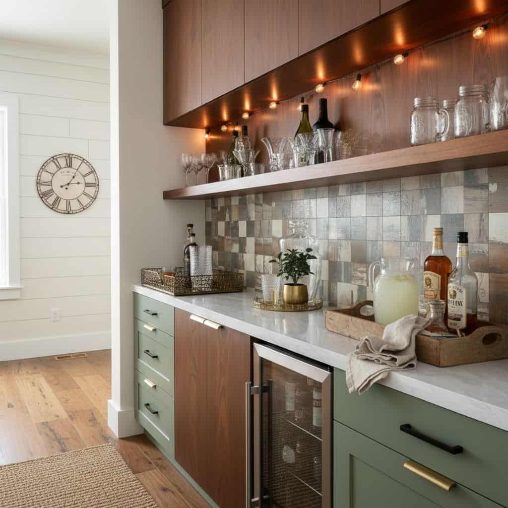 Modern kitchen backsplash with peel and stick tiles, glassware, and decorative accents.