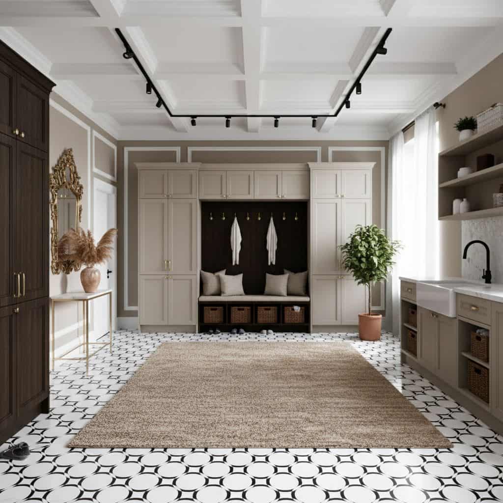Bright, neutral-toned interior featuring a white built-in with black hooks and accents, complemented by a beige rug and black.
